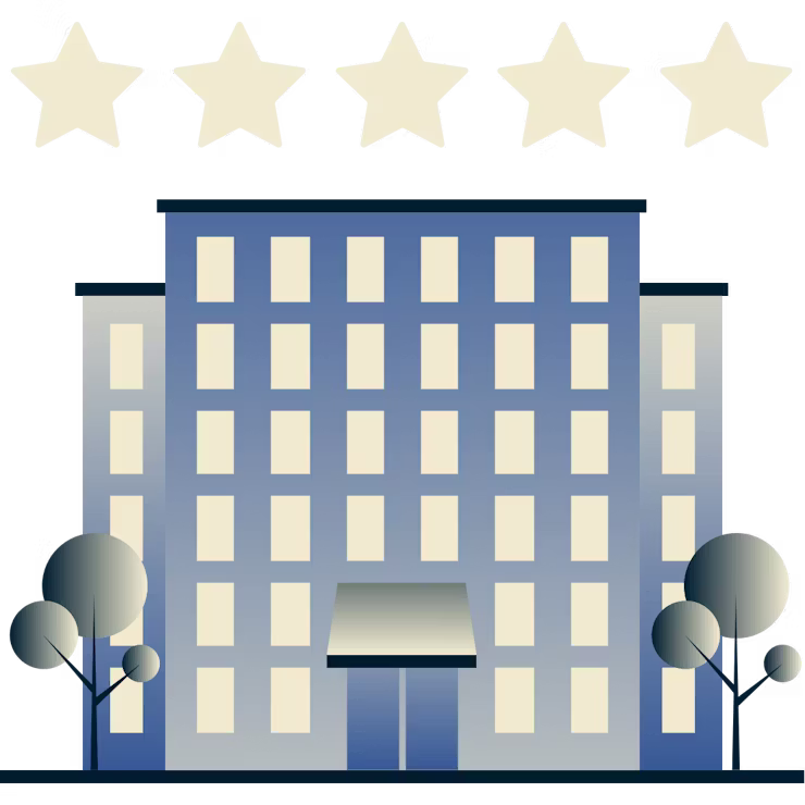 Hotel grande con 5 estrellas flotando encima.